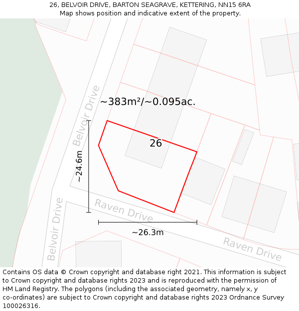 26, BELVOIR DRIVE, BARTON SEAGRAVE, KETTERING, NN15 6RA: Plot and title map