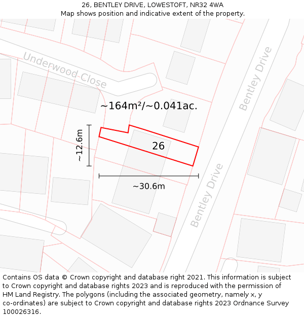 26, BENTLEY DRIVE, LOWESTOFT, NR32 4WA: Plot and title map