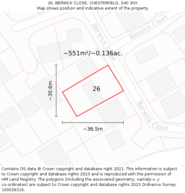 26, BERWICK CLOSE, CHESTERFIELD, S40 3NY: Plot and title map