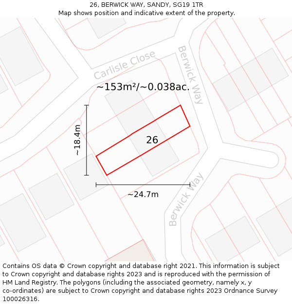 26, BERWICK WAY, SANDY, SG19 1TR: Plot and title map