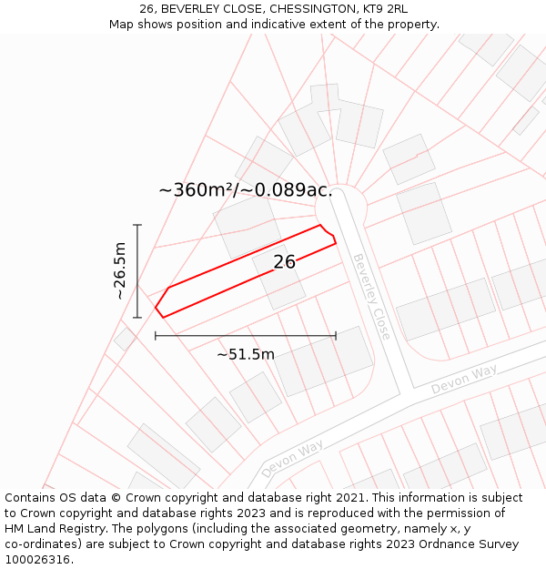 26, BEVERLEY CLOSE, CHESSINGTON, KT9 2RL: Plot and title map