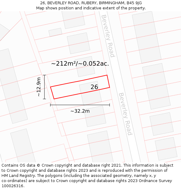 26, BEVERLEY ROAD, RUBERY, BIRMINGHAM, B45 9JG: Plot and title map
