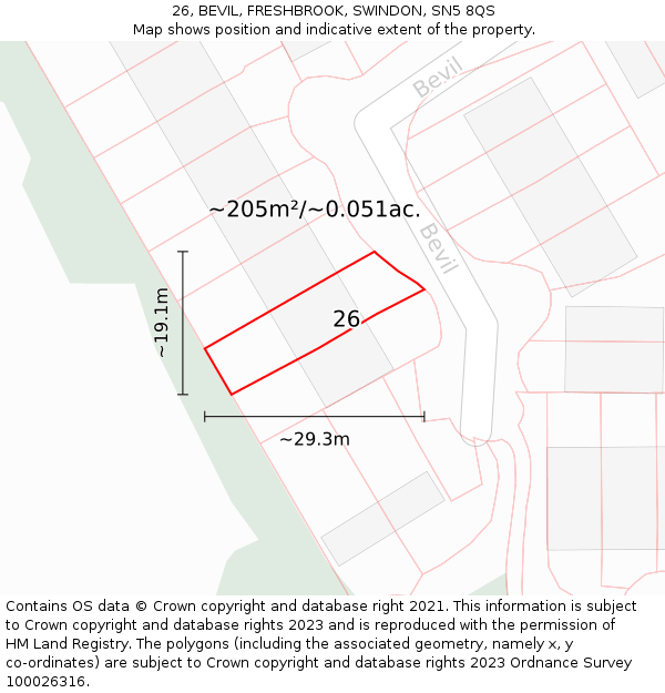 26, BEVIL, FRESHBROOK, SWINDON, SN5 8QS: Plot and title map