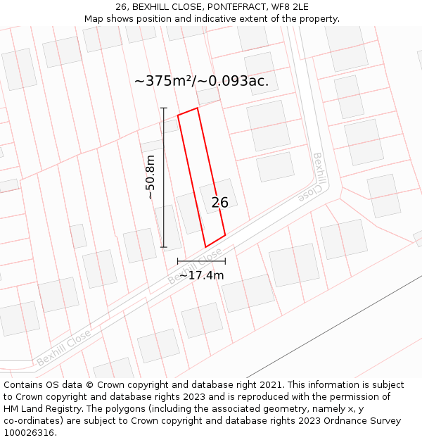 26, BEXHILL CLOSE, PONTEFRACT, WF8 2LE: Plot and title map