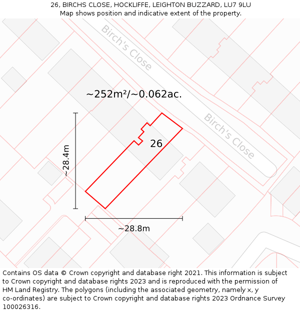 26, BIRCHS CLOSE, HOCKLIFFE, LEIGHTON BUZZARD, LU7 9LU: Plot and title map