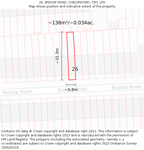 26, BISHOP ROAD, CHELMSFORD, CM1 1PX: Plot and title map