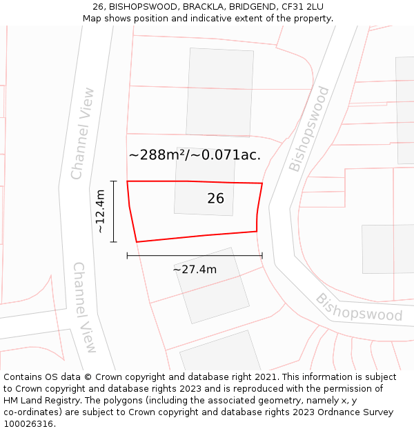 26, BISHOPSWOOD, BRACKLA, BRIDGEND, CF31 2LU: Plot and title map