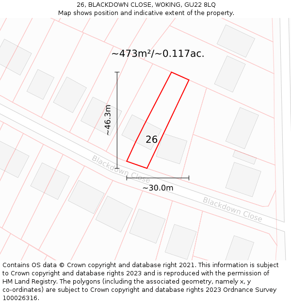 26, BLACKDOWN CLOSE, WOKING, GU22 8LQ: Plot and title map