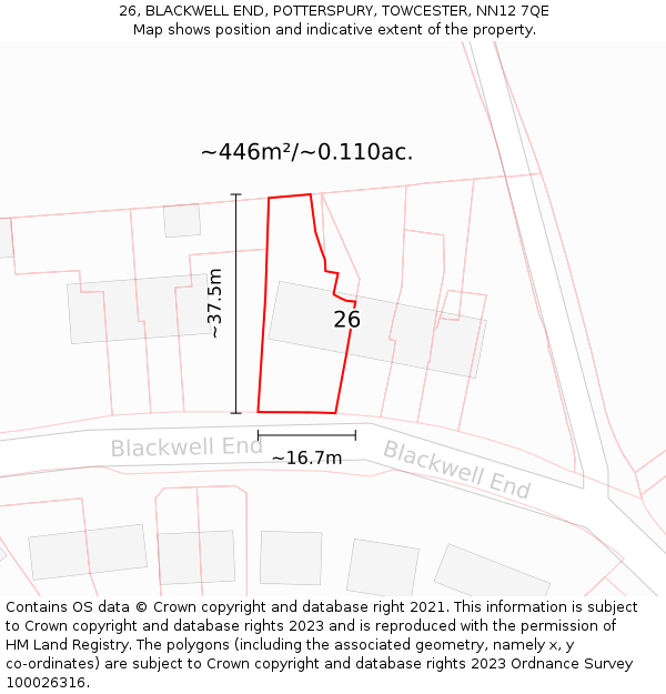 26, BLACKWELL END, POTTERSPURY, TOWCESTER, NN12 7QE: Plot and title map