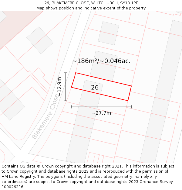 26, BLAKEMERE CLOSE, WHITCHURCH, SY13 1PE: Plot and title map