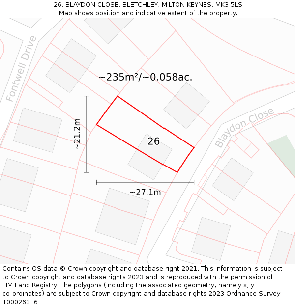 26, BLAYDON CLOSE, BLETCHLEY, MILTON KEYNES, MK3 5LS: Plot and title map