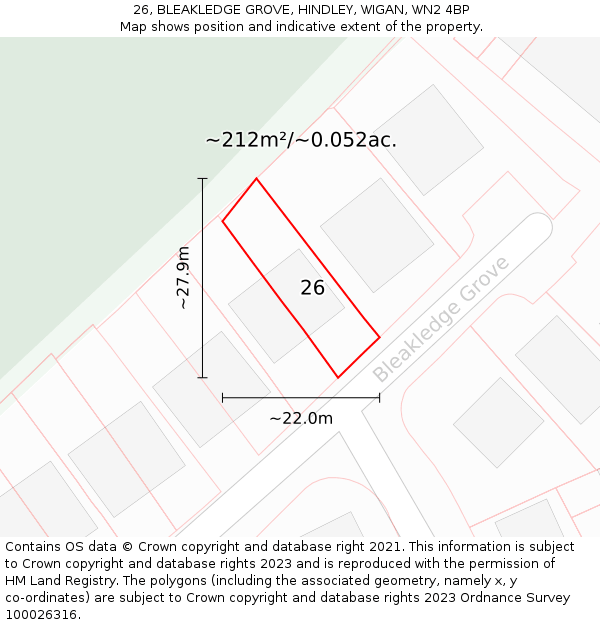 26, BLEAKLEDGE GROVE, HINDLEY, WIGAN, WN2 4BP: Plot and title map