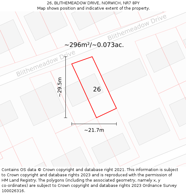 26, BLITHEMEADOW DRIVE, NORWICH, NR7 8PY: Plot and title map