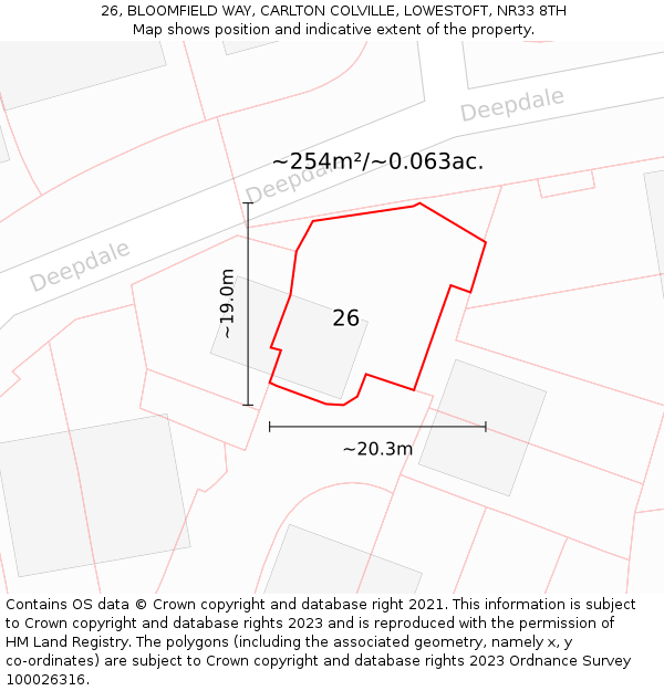 26, BLOOMFIELD WAY, CARLTON COLVILLE, LOWESTOFT, NR33 8TH: Plot and title map