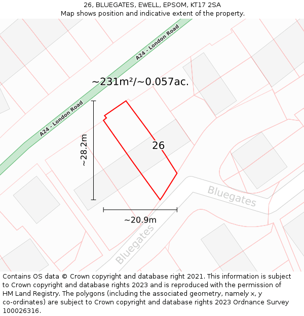 26, BLUEGATES, EWELL, EPSOM, KT17 2SA: Plot and title map