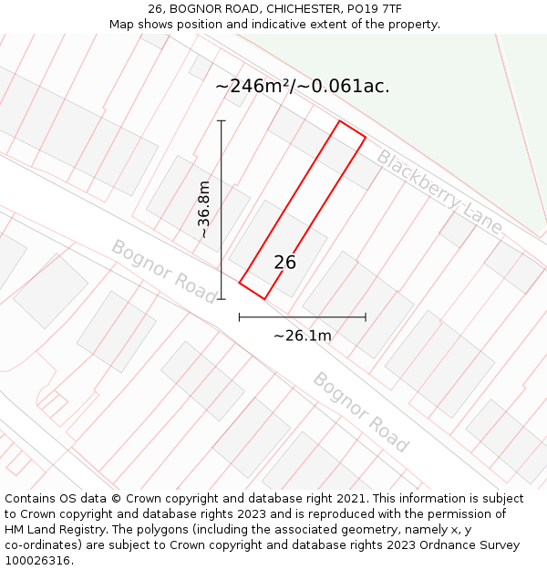 26, BOGNOR ROAD, CHICHESTER, PO19 7TF: Plot and title map