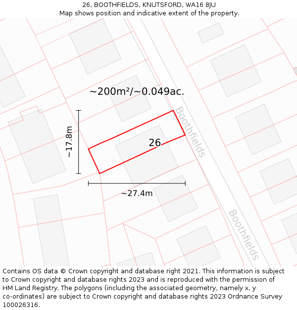 26, BOOTHFIELDS, KNUTSFORD, WA16 8JU: Plot and title map