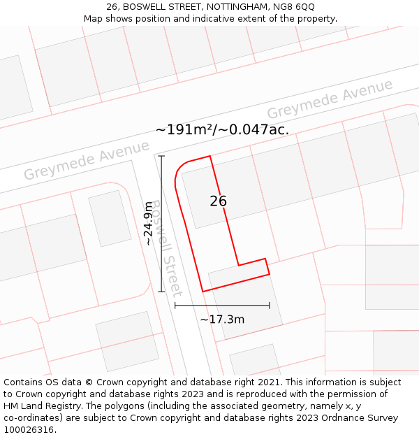 26, BOSWELL STREET, NOTTINGHAM, NG8 6QQ: Plot and title map