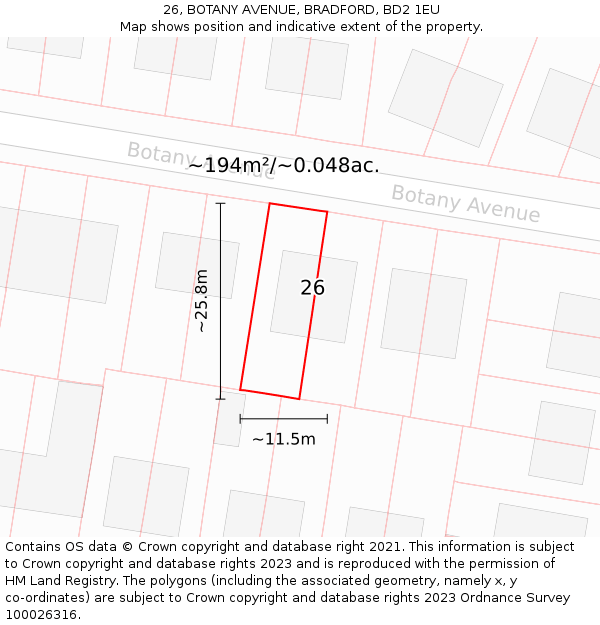 26, BOTANY AVENUE, BRADFORD, BD2 1EU: Plot and title map