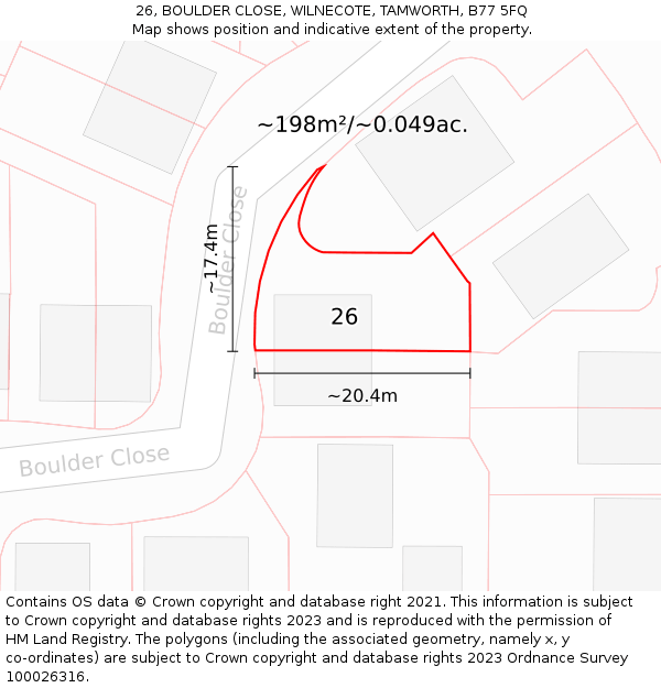 26, BOULDER CLOSE, WILNECOTE, TAMWORTH, B77 5FQ: Plot and title map