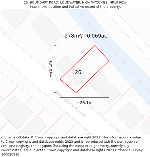 26, BOUNDARY ROAD, LOUDWATER, HIGH WYCOMBE, HP10 9QW: Plot and title map