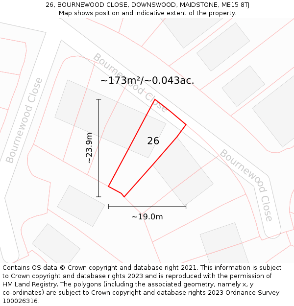 26, BOURNEWOOD CLOSE, DOWNSWOOD, MAIDSTONE, ME15 8TJ: Plot and title map