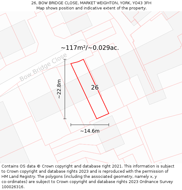 26, BOW BRIDGE CLOSE, MARKET WEIGHTON, YORK, YO43 3FH: Plot and title map