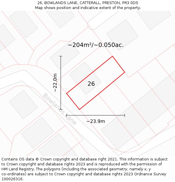 26, BOWLANDS LANE, CATTERALL, PRESTON, PR3 0DS: Plot and title map