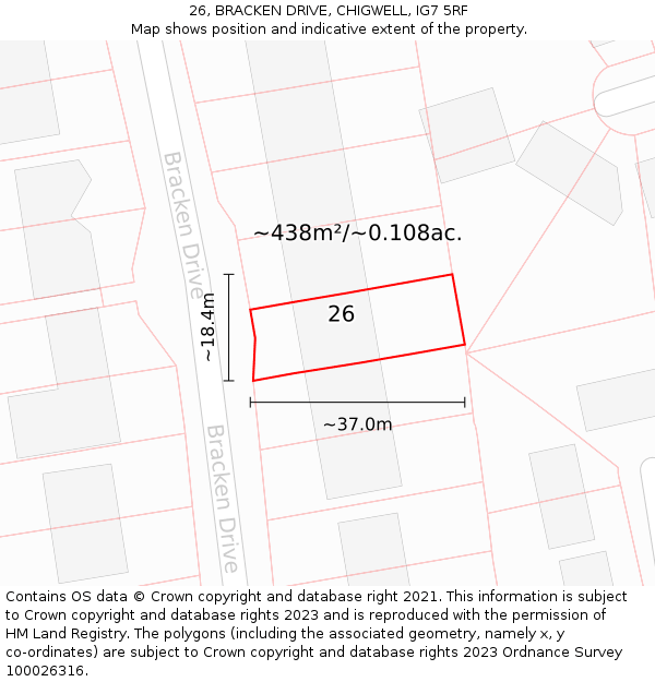 26, BRACKEN DRIVE, CHIGWELL, IG7 5RF: Plot and title map
