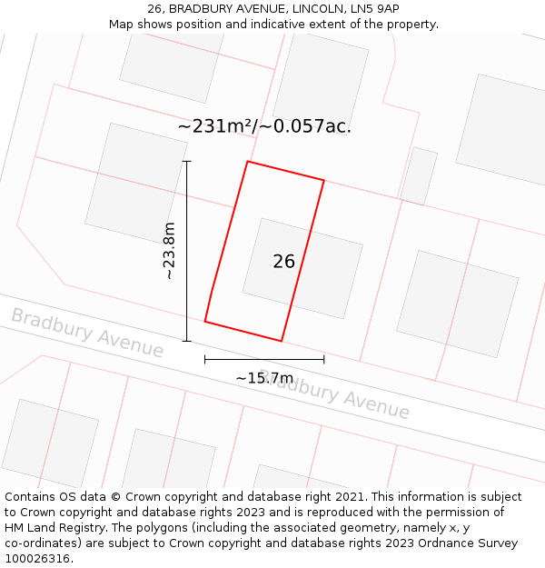 26, BRADBURY AVENUE, LINCOLN, LN5 9AP: Plot and title map