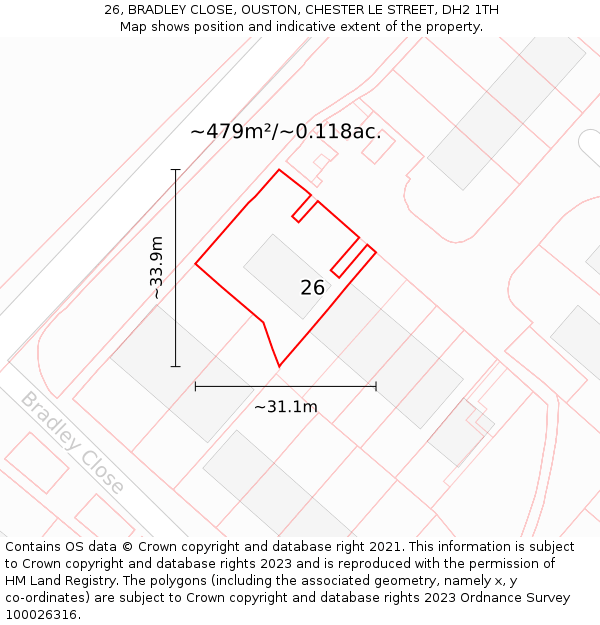 26, BRADLEY CLOSE, OUSTON, CHESTER LE STREET, DH2 1TH: Plot and title map