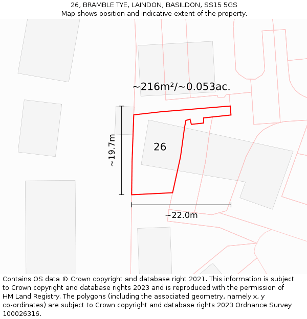 26, BRAMBLE TYE, LAINDON, BASILDON, SS15 5GS: Plot and title map