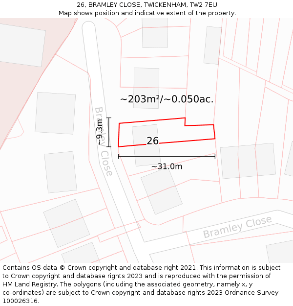26, BRAMLEY CLOSE, TWICKENHAM, TW2 7EU: Plot and title map