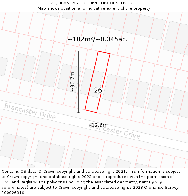 26, BRANCASTER DRIVE, LINCOLN, LN6 7UF: Plot and title map