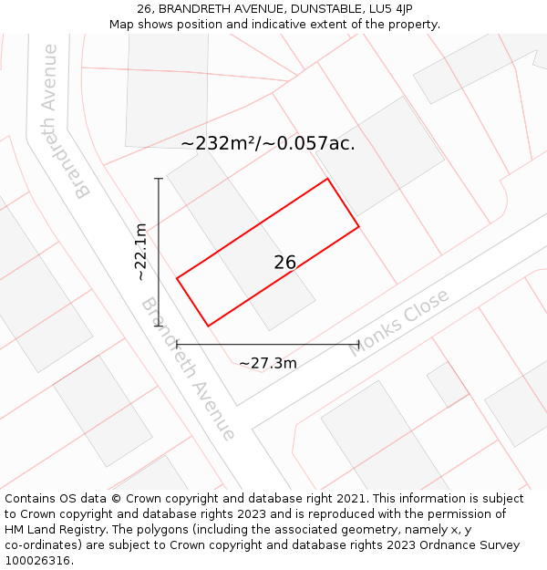26, BRANDRETH AVENUE, DUNSTABLE, LU5 4JP: Plot and title map