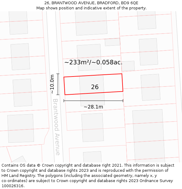 26, BRANTWOOD AVENUE, BRADFORD, BD9 6QE: Plot and title map