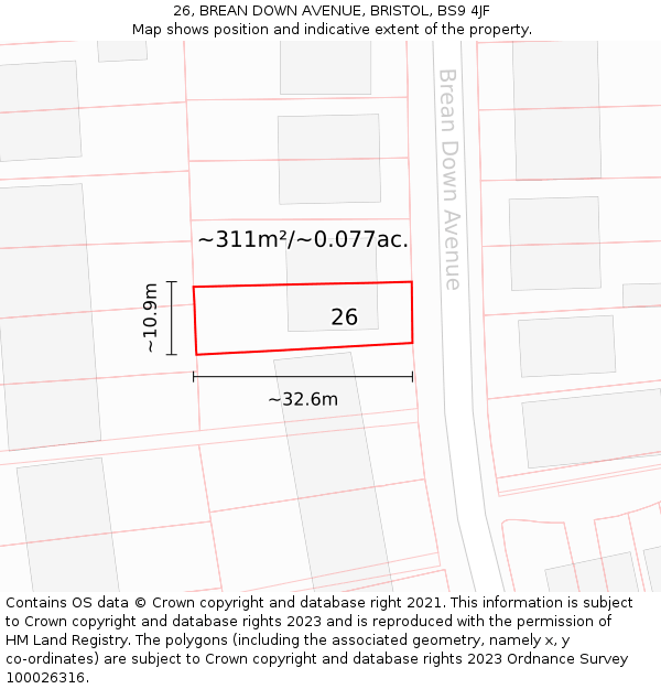 26, BREAN DOWN AVENUE, BRISTOL, BS9 4JF: Plot and title map
