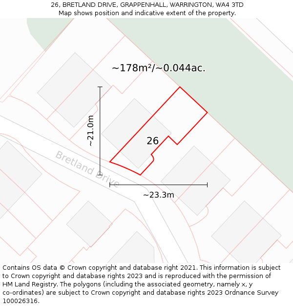 26, BRETLAND DRIVE, GRAPPENHALL, WARRINGTON, WA4 3TD: Plot and title map