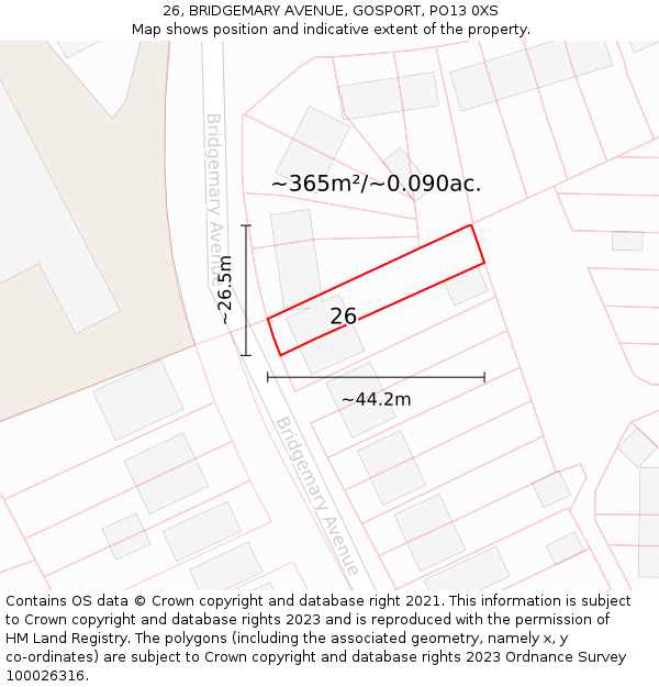 26, BRIDGEMARY AVENUE, GOSPORT, PO13 0XS: Plot and title map