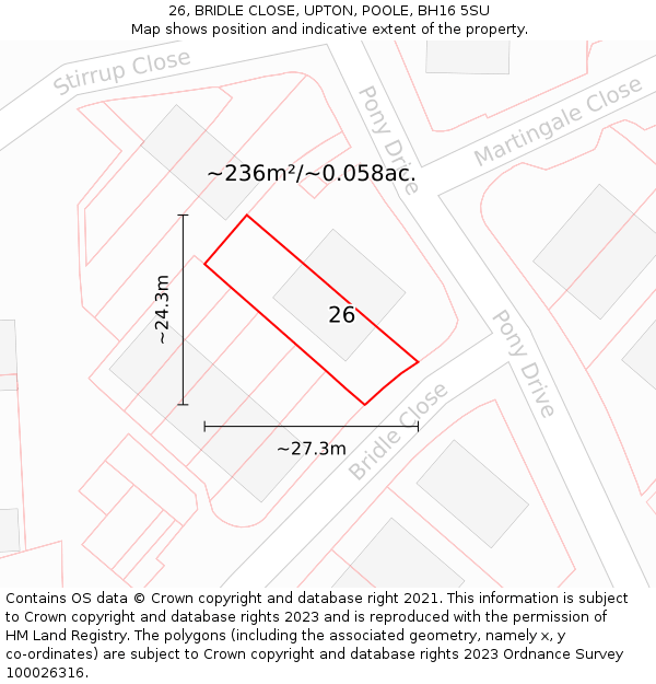 26, BRIDLE CLOSE, UPTON, POOLE, BH16 5SU: Plot and title map