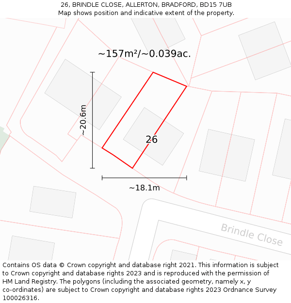 26, BRINDLE CLOSE, ALLERTON, BRADFORD, BD15 7UB: Plot and title map