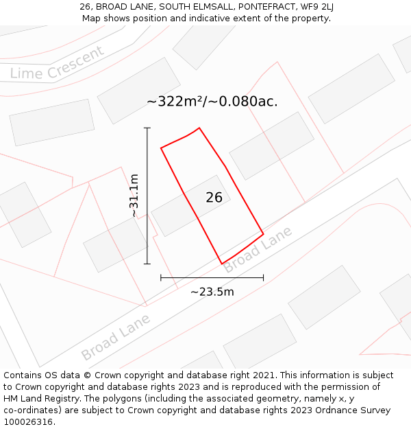26, BROAD LANE, SOUTH ELMSALL, PONTEFRACT, WF9 2LJ: Plot and title map