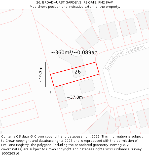 26, BROADHURST GARDENS, REIGATE, RH2 8AW: Plot and title map