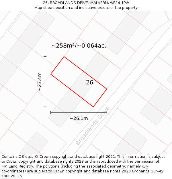 26, BROADLANDS DRIVE, MALVERN, WR14 1PW: Plot and title map