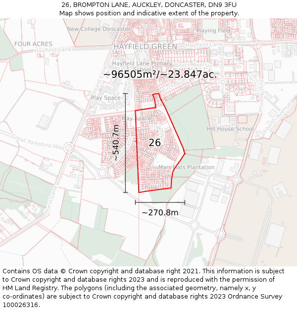 26, BROMPTON LANE, AUCKLEY, DONCASTER, DN9 3FU: Plot and title map