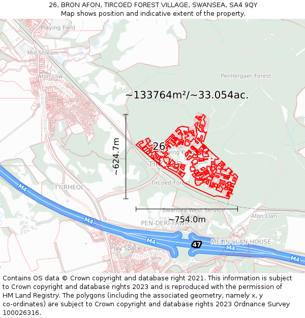 26, BRON AFON, TIRCOED FOREST VILLAGE, SWANSEA, SA4 9QY: Plot and title map
