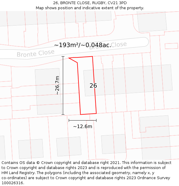 26, BRONTE CLOSE, RUGBY, CV21 3PD: Plot and title map