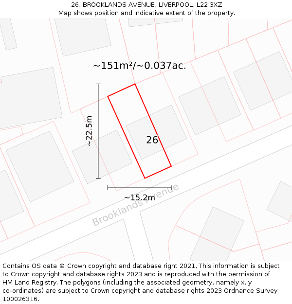 26, BROOKLANDS AVENUE, LIVERPOOL, L22 3XZ: Plot and title map