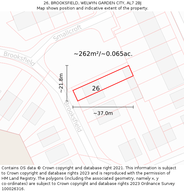 26, BROOKSFIELD, WELWYN GARDEN CITY, AL7 2BJ: Plot and title map