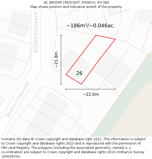 26, BROOM CRESCENT, IPSWICH, IP3 0EE: Plot and title map